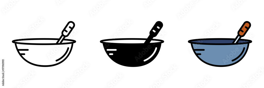 Mixing Bowl Icon, A deep, rounded bowl used to mix ingredients in cooking or baking, available in various sizes and materials. Mixing Bowl Icon, A deep, rounded bowl used to mix ingredients in cooking or baking, available in various sizes and materials.
