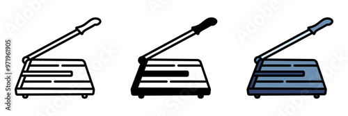 Paper Cutter Icon, A device with a sharp blade for cutting paper neatly and precisely, often used in offices or craft projects.