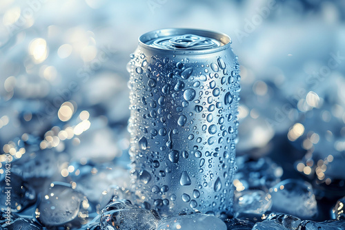 chilled alumunium soda can on ice, covered in droplets of condensation. photo