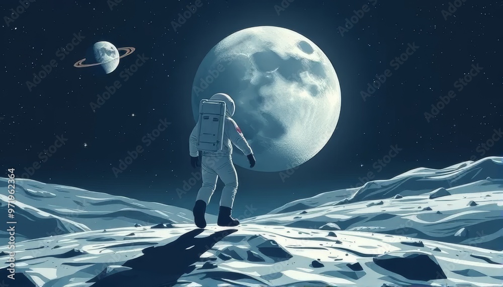 Obraz premium Astronaut Walking on the Moon Under Full Moonlight