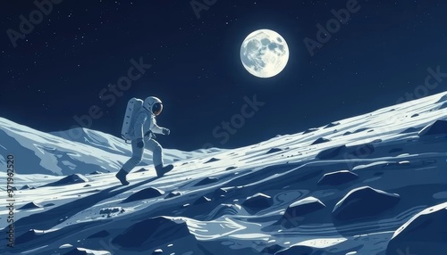 Astronaut Walking on the Moon Under Full Moonlight