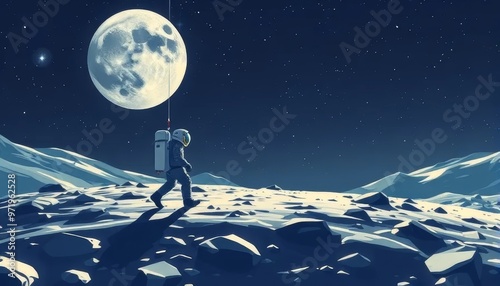 Astronaut Walking on the Moon Under Full Moonlight
