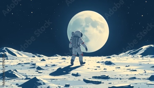 Astronaut Walking on the Moon Under Full Moonlight