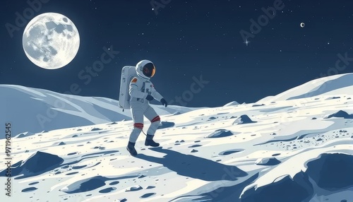 Astronaut Walking on the Moon Under Full Moonlight