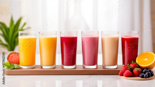 Glasses of fruite juice on blur background.