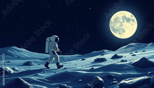 Astronaut Walking on the Moon Under Full Moonlight
