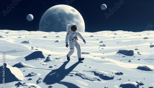 Astronaut Walking on the Moon Under Full Moonlight