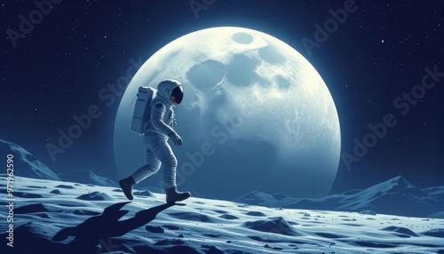 Astronaut Walking on the Moon Under Full Moonlight