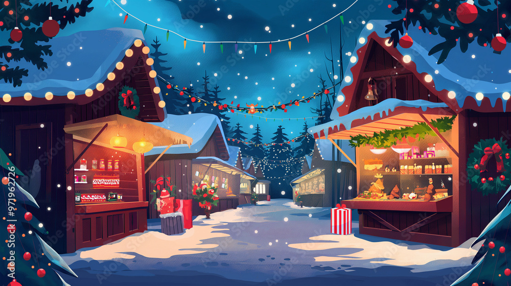 Fototapeta premium The Christmas Fair. Christmas Market with lighting shopping, game background, Illustration