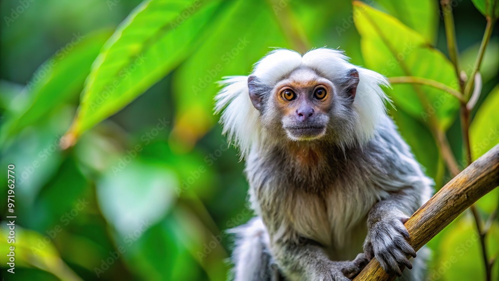 Fototapeta premium White monkey in tropical rainforest tree reflected in water