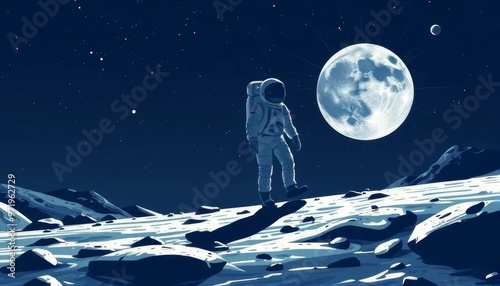 Astronaut Walking on the Moon Under Full Moonlight
