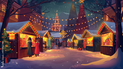 The Christmas Fair. Christmas Market with lighting shopping, game background, Illustration