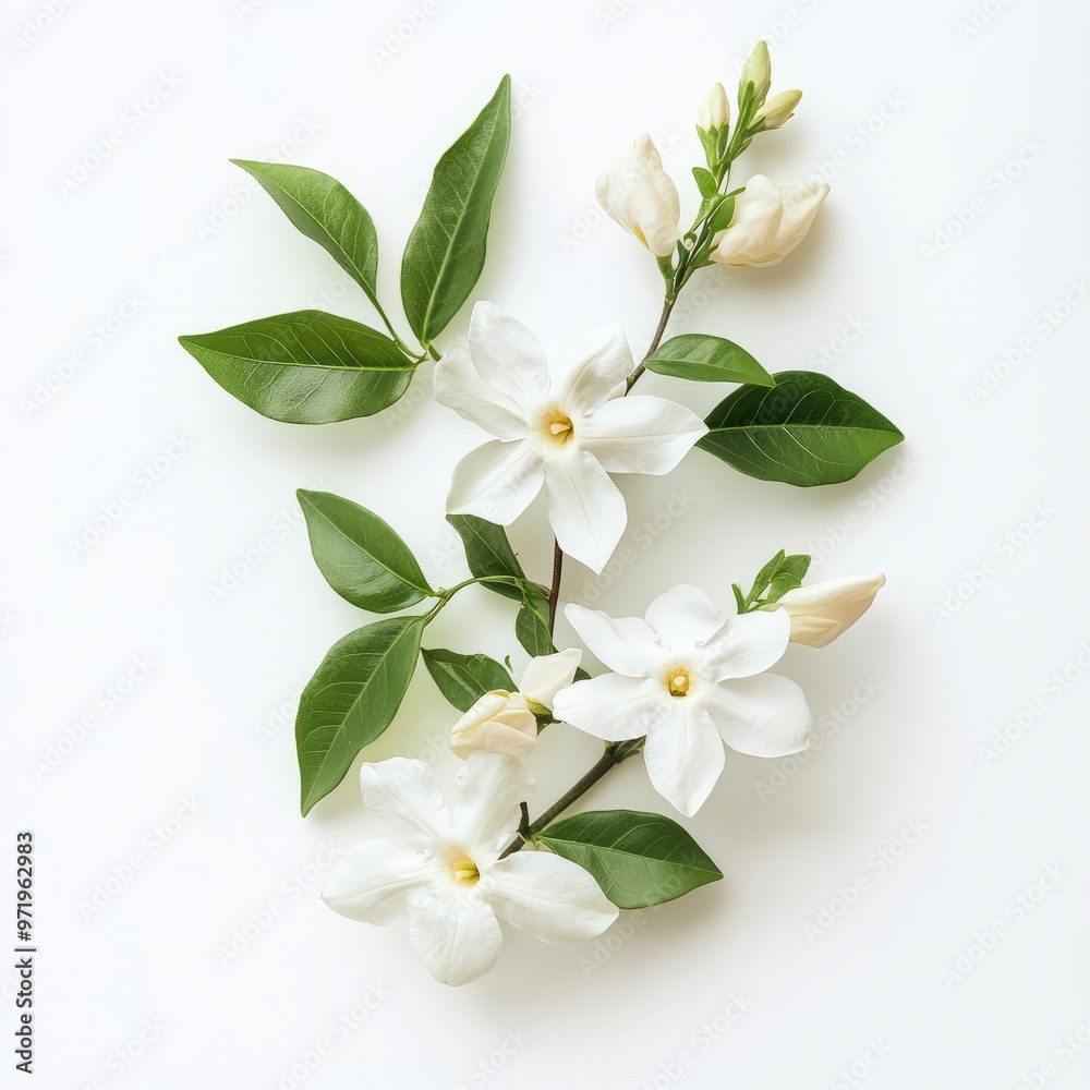 Fototapeta premium Photo white jasmine with leaves on white isolated background