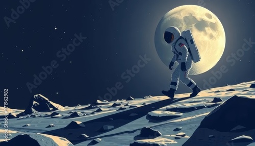 Astronaut Walking on the Moon Under Full Moonlight