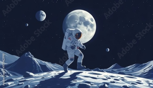 Astronaut Walking on the Moon Under Full Moonlight