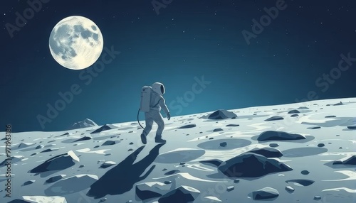 Astronaut Walking on the Moon Under Full Moonlight