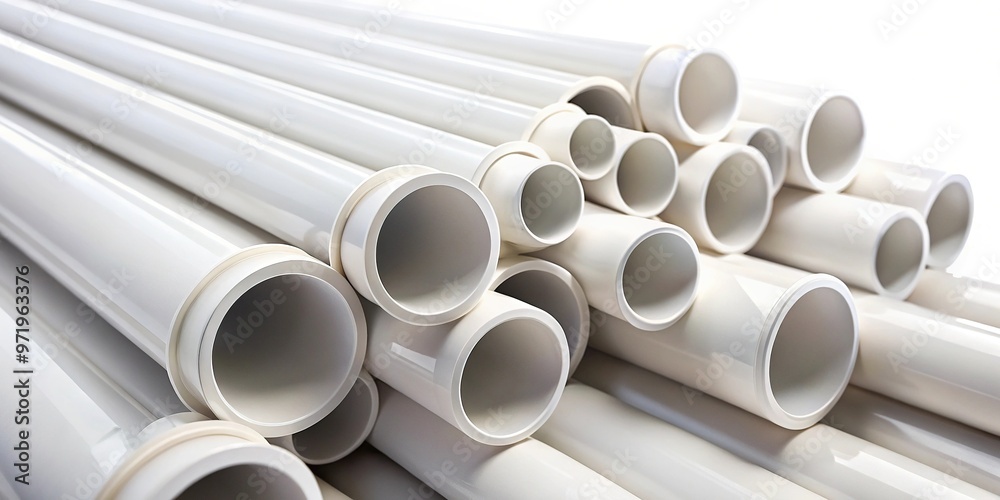 Fototapeta premium white plastic plumbing tubes on white background Worm's Eye View