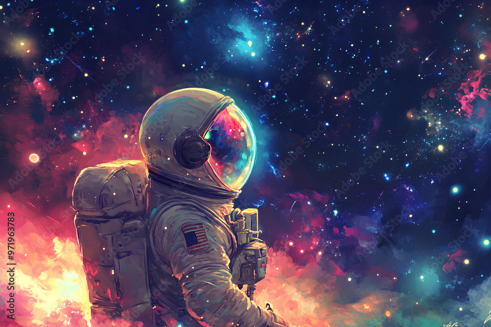 An astronaut stands amidst a vibrant cosmic landscape filled with stars and colorful nebulae. An astronaut stands amidst a vibrant cosmic landscape filled with stars and colorful nebulae.