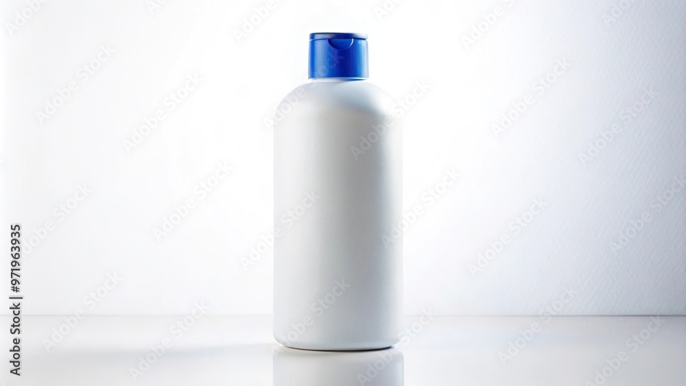 White shampoo bottle with blue cap on white background White shampoo bottle with blue cap on white background