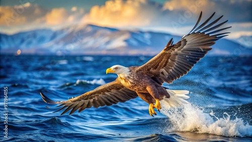 White tailed eagle hunting on the Sea of Okhotsk near Cape Stolbchaty in Kunashir Kurils Nature Reserve photo