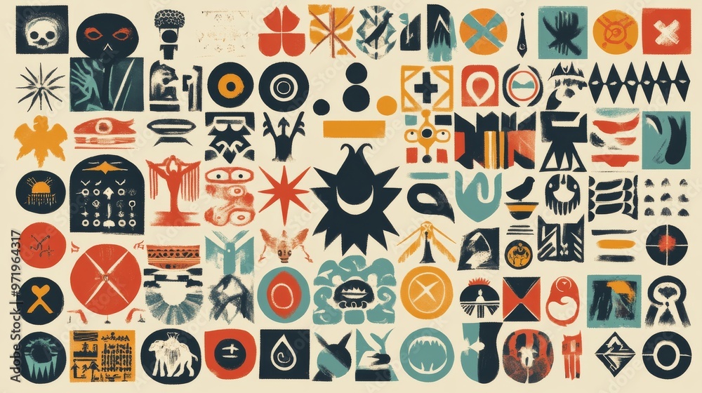 A collection of symbols from different cultures arranged in a harmonious pattern to represent global unity A collection of symbols from different cultures arranged in a harmonious pattern to represent global unity