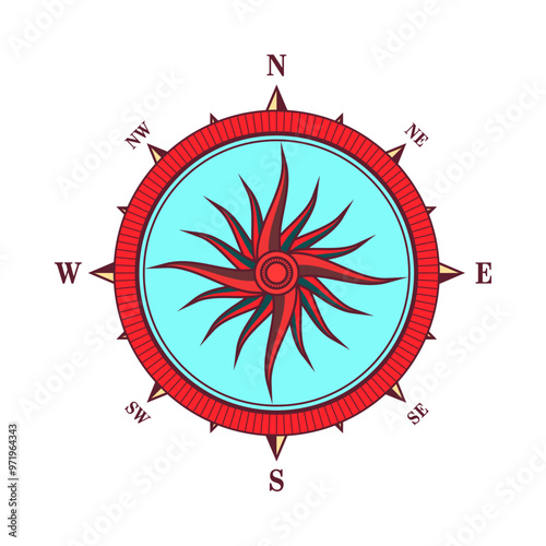 Vintage marine wind rose, nautical chart. Colorful navigational compass with cardinal directions of North, East, South, West. Geographical position, cartography and navigation. Vector illustration