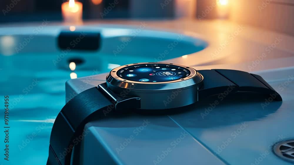Relaxing evening by the hot tub with a smartwatch showcasing vibrant display and warm ambient lighting Relaxing evening by the hot tub with a smartwatch showcasing vibrant display and warm ambient lighting