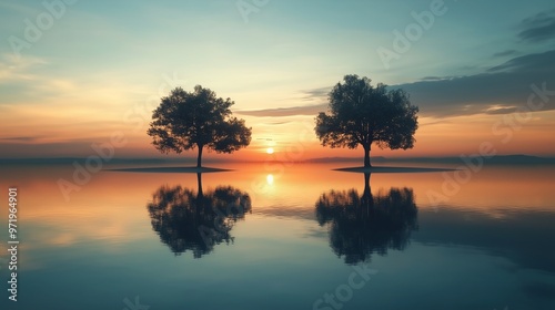 Trees silhouette at golden sunset and reflection shadow on water in beach