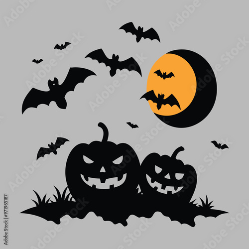 Free Vector hd halloween scene with pumpkins batsand full moo white background generative ai