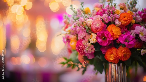 A stunning arrangement of colorful flowers in a vase, perfect for weddings or events, creating a vibrant and festive atmosphere.