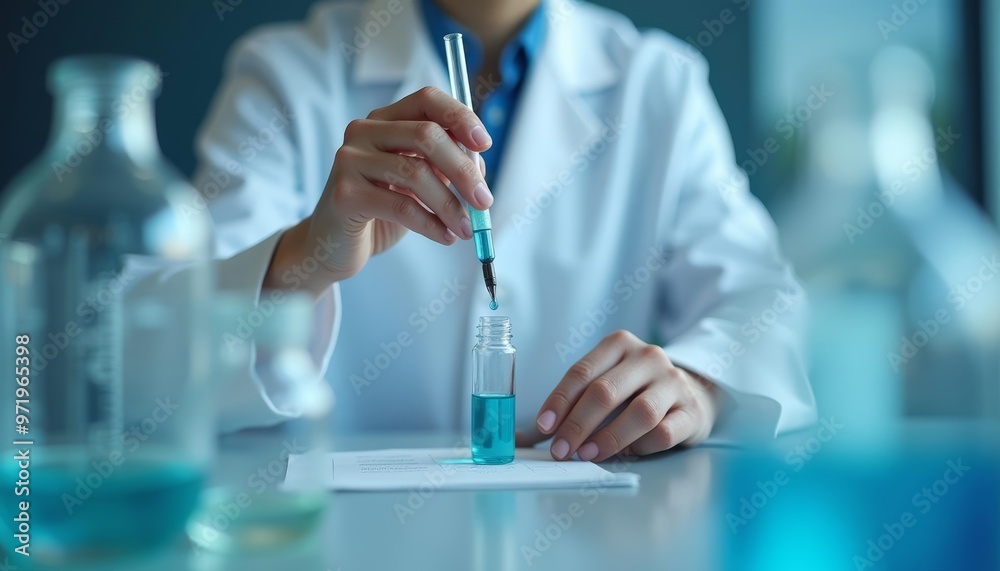 Experiment in progress A scientist meticulously measuring a blue solution Experiment in progress A scientist meticulously measuring a blue solution