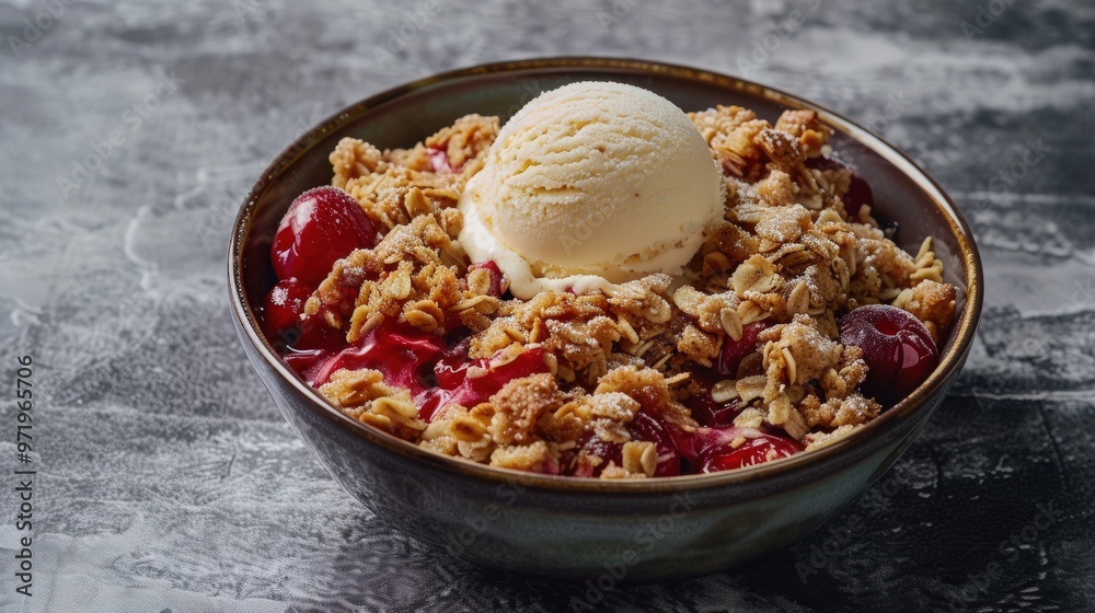 Warm Cherry Crumble with Vanilla Ice Cream on Sleek Grey Background Warm Cherry Crumble with Vanilla Ice Cream on Sleek Grey Background