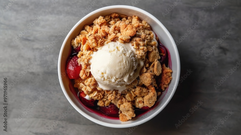 Warm Cherry Crumble with Vanilla Ice Cream on Sleek Grey Background Warm Cherry Crumble with Vanilla Ice Cream on Sleek Grey Background