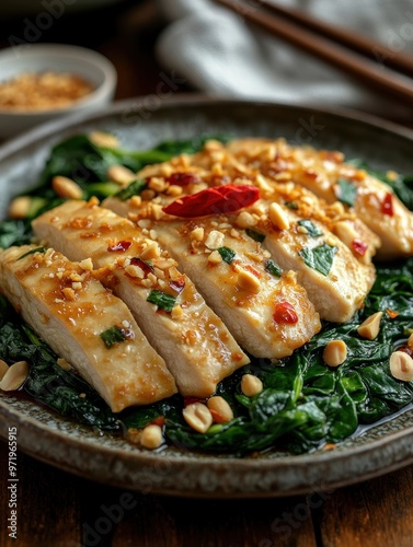 Deliciously grilled chicken slices served on a bed of fresh greens, garnished with peanuts and vibrant spices.