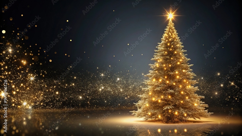 Wide-angle Christmas tree with golden particles on dark background Wide-angle Christmas tree with golden particles on dark background