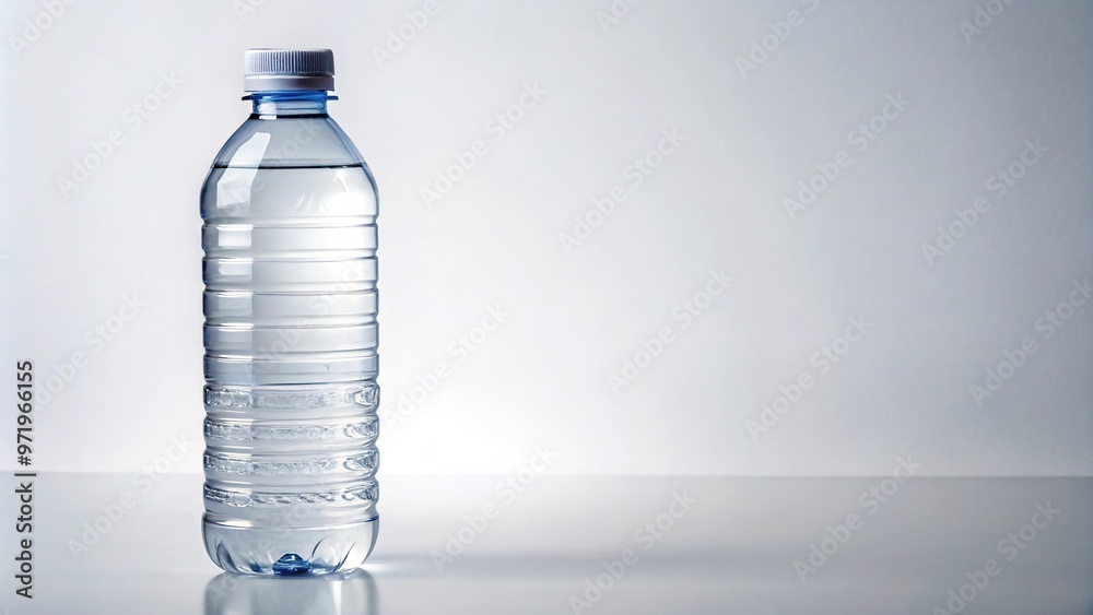 Wide-angle clear plastic water bottle with cap on white background Wide-angle clear plastic water bottle with cap on white background