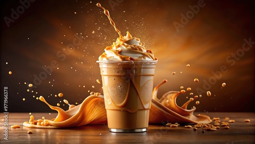 Wide-angle delicious frappuccino with caramel splashing around