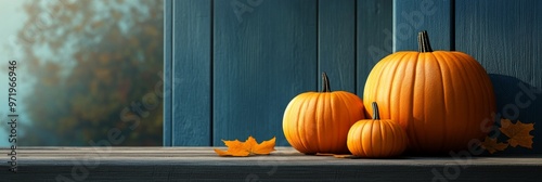 Three pumpkins of varying sizes sit on a wooden porch railing, with a backdrop of blue siding and a blurred view of fall foliage through a window. The pumpkins symbolize harvest, abundance, and the ch photo