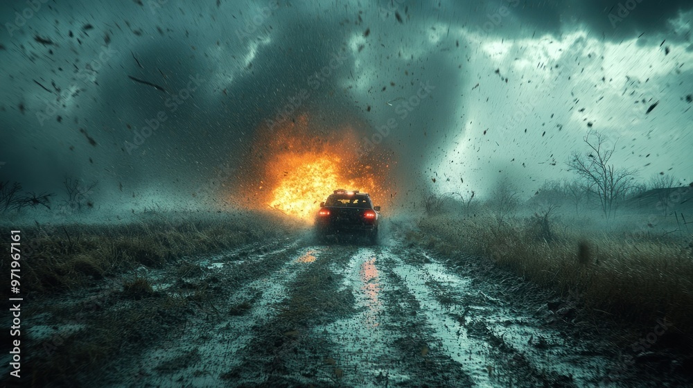 Fototapeta premium A car drives away from an explosion in a stormy landscape.