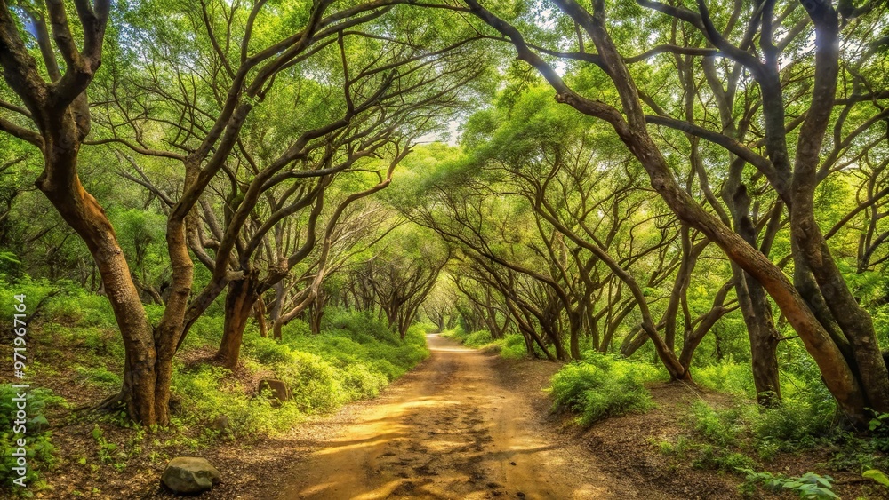 Fototapeta premium Wide-angle path in dry green forest from Dakar, Cape Verde