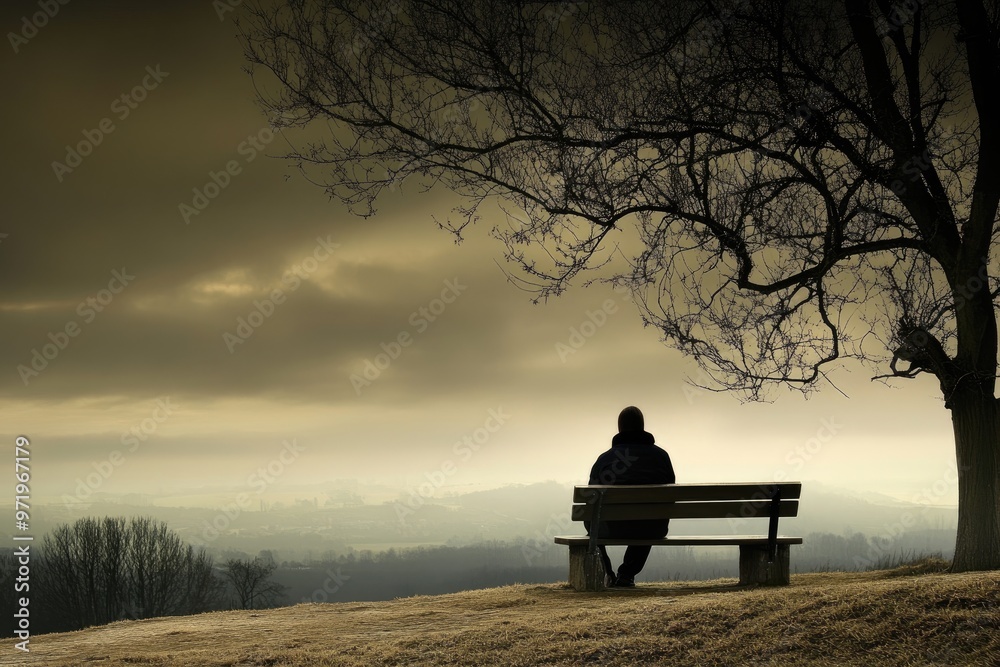Solitary Figure on a Bench Overlooking a Foggy Landscape Solitary Figure on a Bench Overlooking a Foggy Landscape