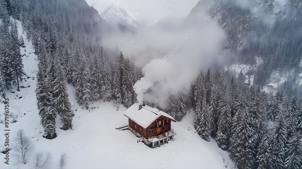 A cozy cabin nestled in a snowy landscape, surrounded by tall evergreen trees and majestic mountains under a cloudy sky. A cozy cabin nestled in a snowy landscape, surrounded by tall evergreen trees and majestic mountains under a cloudy sky.