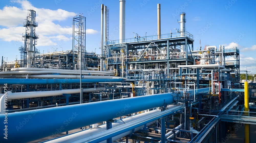 A detailed view of an industrial facility featuring complex pipelines and machinery under a bright blue sky. A detailed view of an industrial facility featuring complex pipelines and machinery under a bright blue sky.