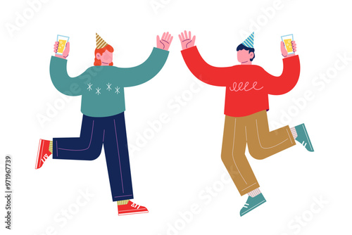 飲み物を持ち、祝日を祝うパーティーを一緒に楽しむ陽気な友人達。笑顔でダンスを踊る幸せな人々。漫画のキャラクターベクターイラスト