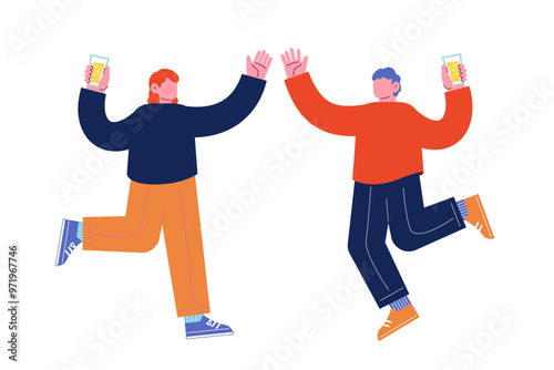 飲み物を持ち、祝日を祝うパーティーを一緒に楽しむ陽気な友人達。笑顔でダンスを踊る幸せな人々。漫画のキャラクターベクターイラスト
