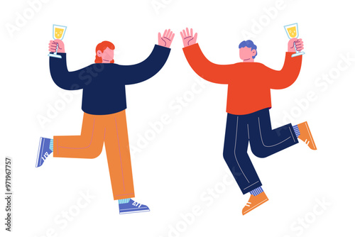 飲み物を持ち、祝日を祝うパーティーを一緒に楽しむ陽気な友人達。笑顔でダンスを踊る幸せな人々。漫画のキャラクターベクターイラスト