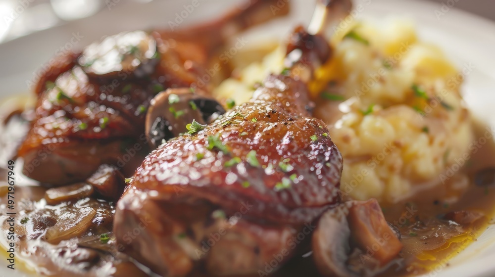 Gourmet Duck Legs Confit with Creamy Potato Gratin and Savory Mushroom Sauce