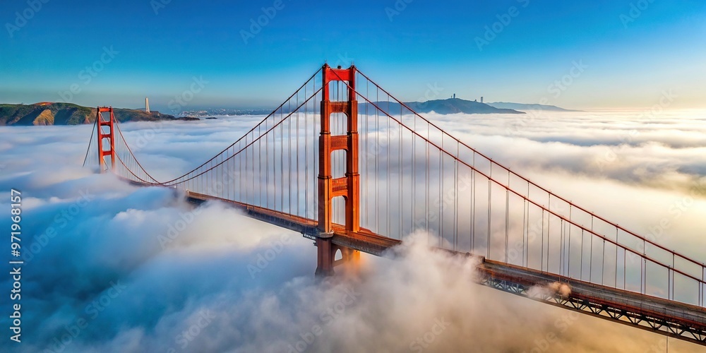 Fototapeta premium Wide-angle shot of the first tower of the Golden Gate Bridge in fog