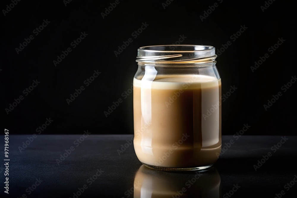 Wide-Angle Single Jar Filled with Milk and Coffee Cream on Black Background Wide-Angle Single Jar Filled with Milk and Coffee Cream on Black Background