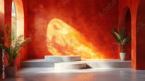 Wallpaper Mural abstract modern showcase with empty podiums an assorte geometric shapes isolate on terracotta backgroun an illuminate with sunlight rays Torontodigital.ca